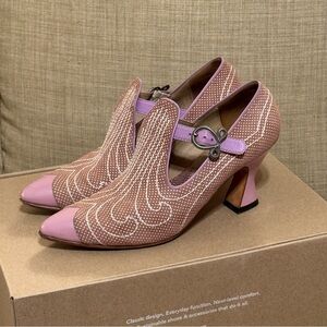 John Fluevog Poser Somani T-Strap Heel with Stitching in Pink